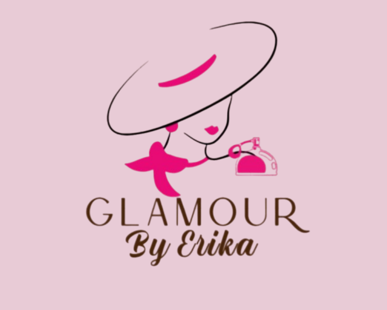 A stylized illustration of a woman with a large hat holding a telephone, with the text 'Glamour By Erika' below.
