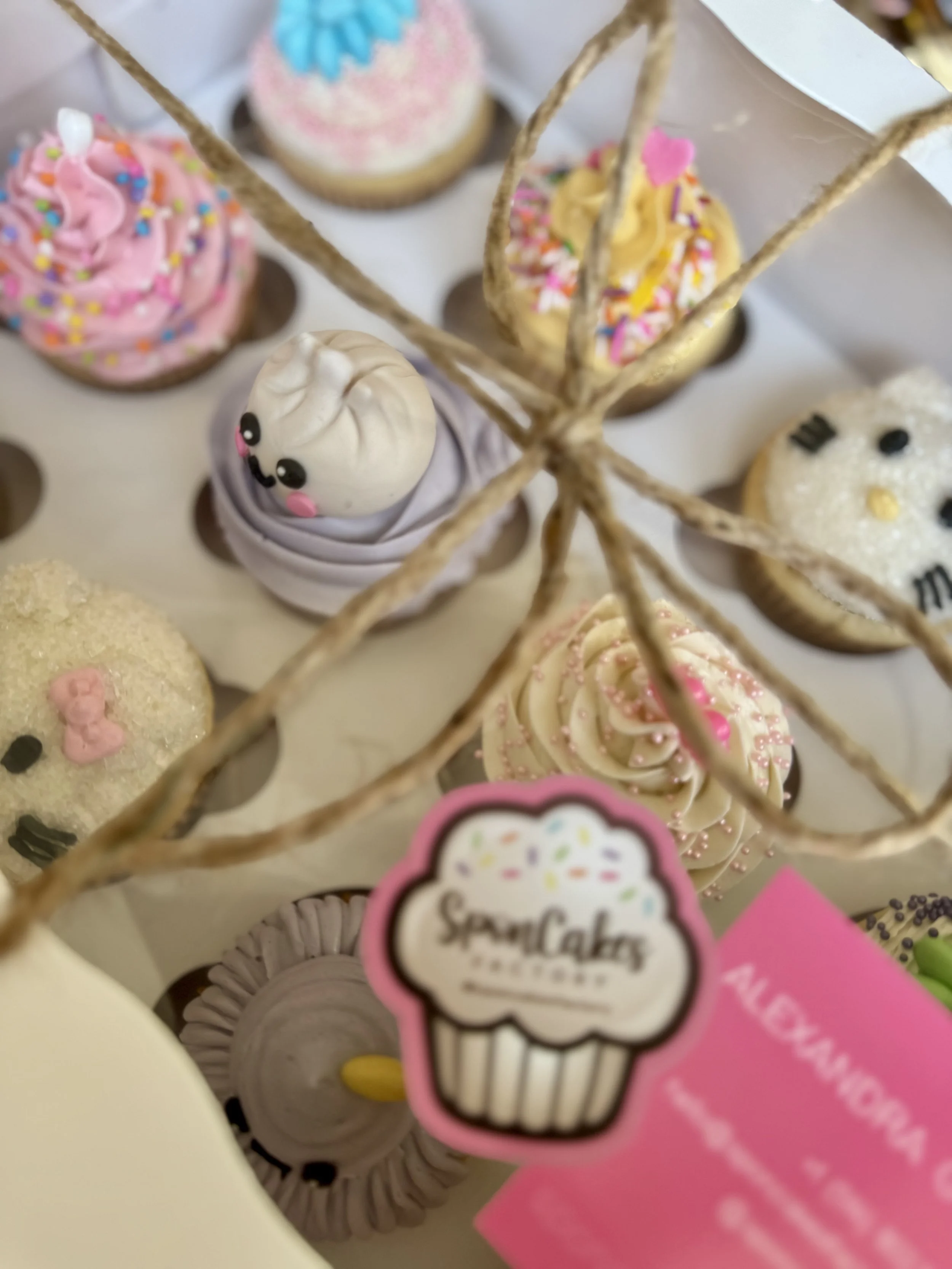 Box of 12 kawaii decorated cupcakes with colourful cute character designs