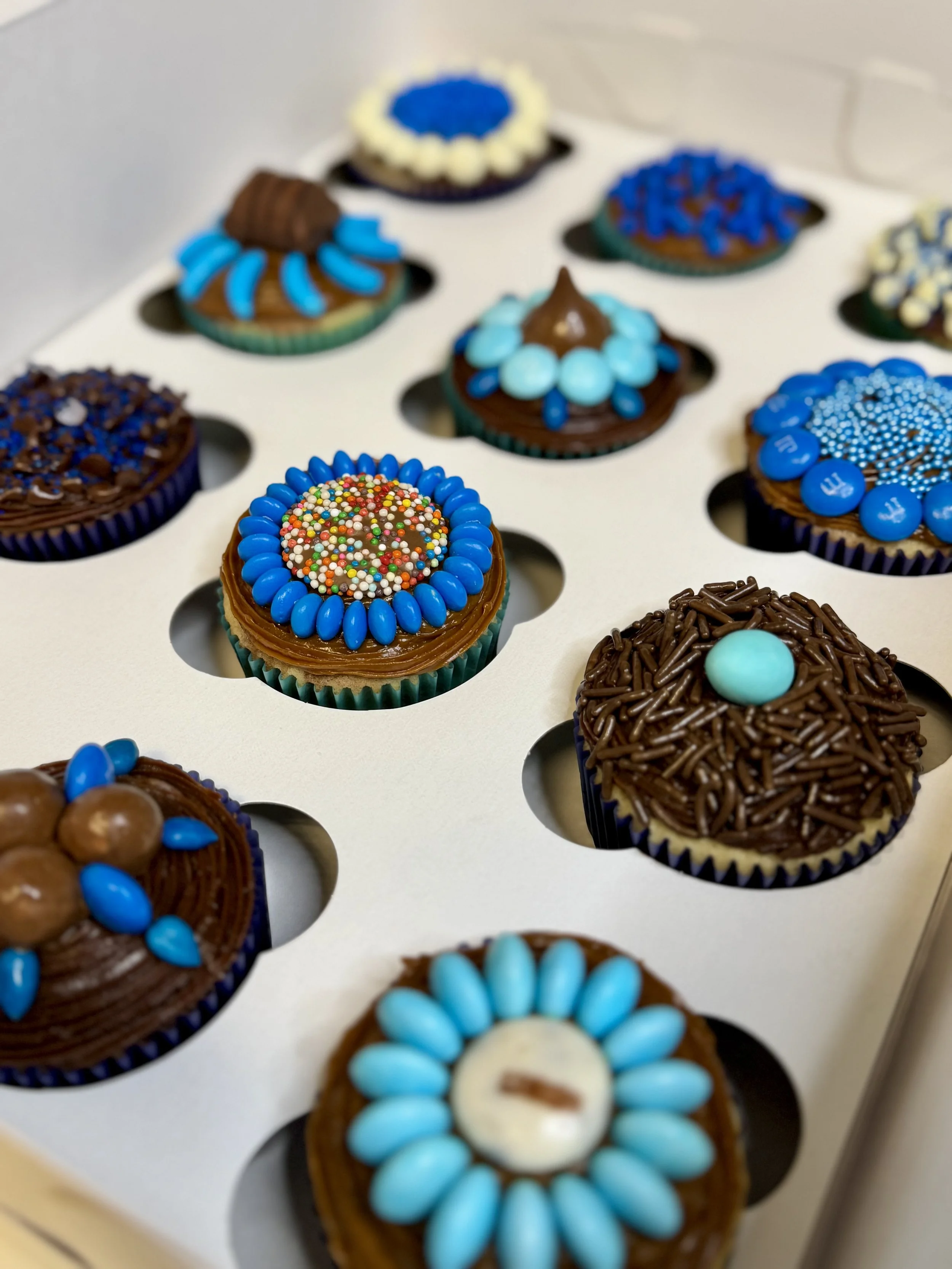 Rich chocolate frosted cupcakes decorated in blue for a special event