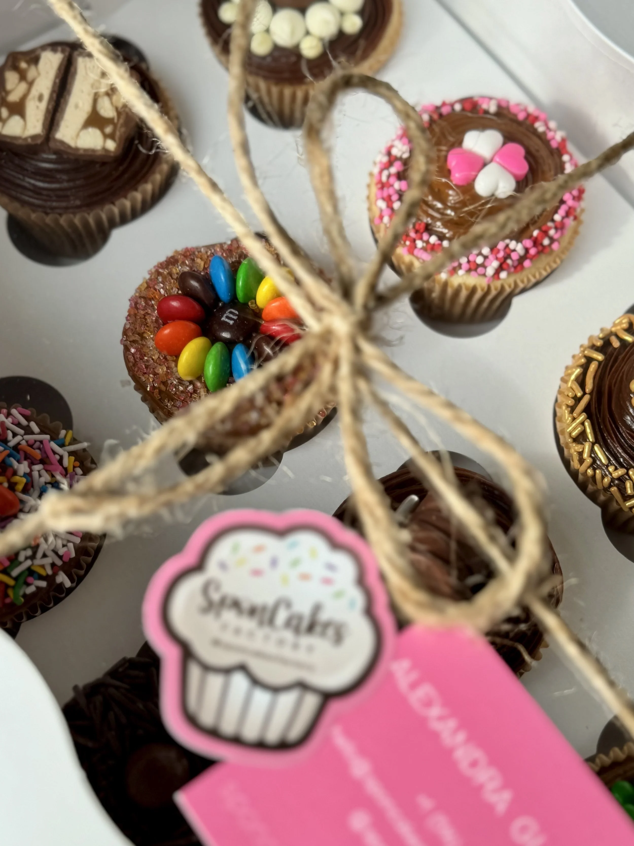 12 standard cupcakes decorated with chocolate and dulce de leche frosting and assorted toppings for a special celebration