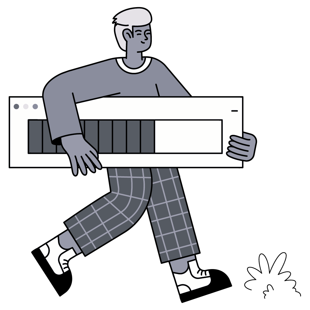 Illustration of a person walking, holding a rectangular object with dark and light sections, wearing a long sleeve shirt, plaid pants, and sneakers.