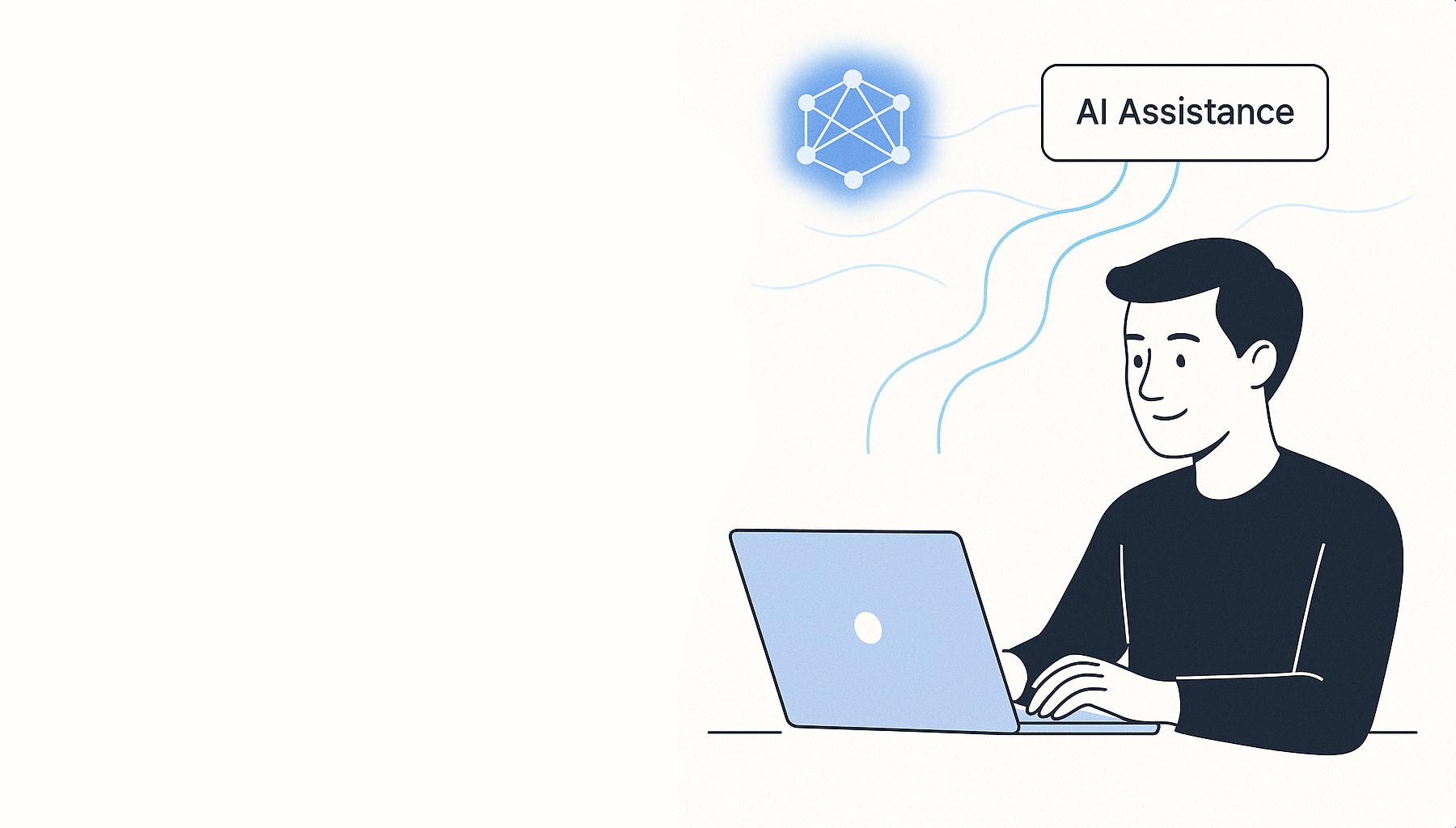 Illustration of a man using a laptop with a speech bubble showing a network diagram labeled 'AI Assistance.'