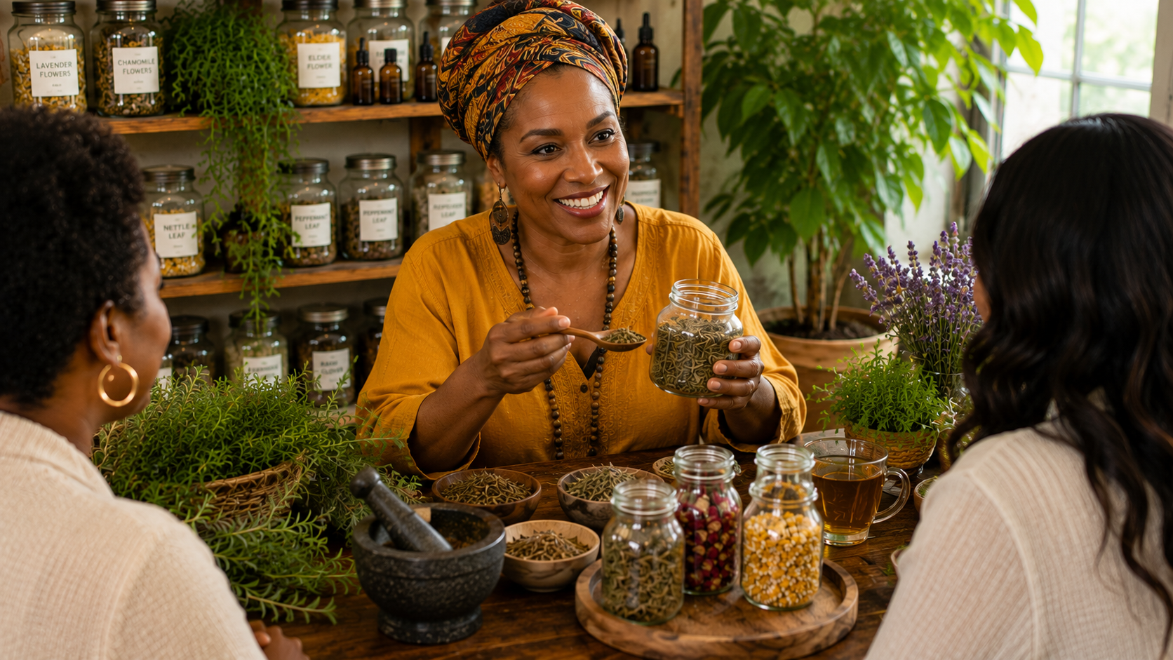 A woman in a colorful headscarf and yellow top teaching a herbal tea class, surrounded by potted plants, jars of herbs, and glasses of herbal tea, with two women listening.