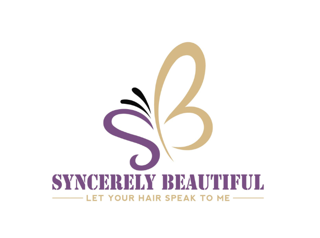 A logo featuring a butterfly with gold and purple wings, the text 'Sincerely Beautiful' in purple, and the tagline 'Let Your Hair Speak to Me' beneath it.