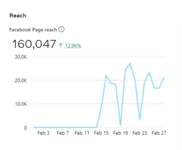 Line graph showing Facebook page reach over February, peaking around February 19 with a total reach of 160,047, indicating a 12.9% increase.
