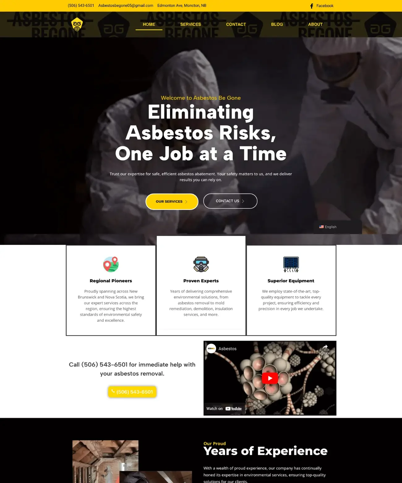Homepage of an asbestos removal company's website showing a header with contact information and navigation menu, main section with a background image of workers in protective gear, bold text promoting asbestos risk elimination, and buttons for services and contact. Further down, sections highlight expertise, equipment, and contact details, including a YouTube video thumbnail.