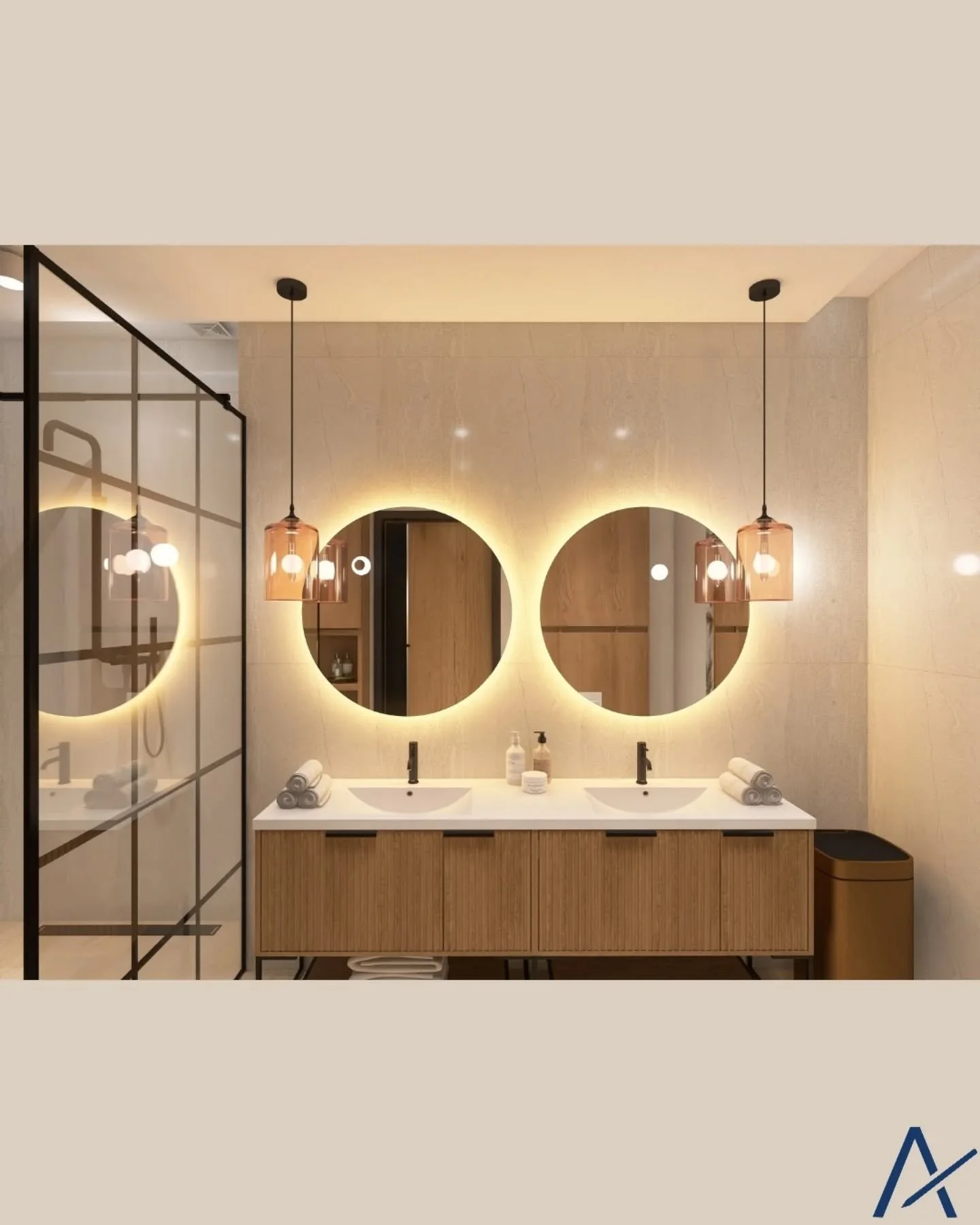 Lustra w łazience to jeden z najważniejszych element&oacute;w projektu wnętrza.
W tej aranżacji zastosowałam okrągłe lustra z podświetleniem LED, kt&oacute;re optycznie powiększają przestrzeń, porządkują kompozycję i zapewniają idealne światło przy u