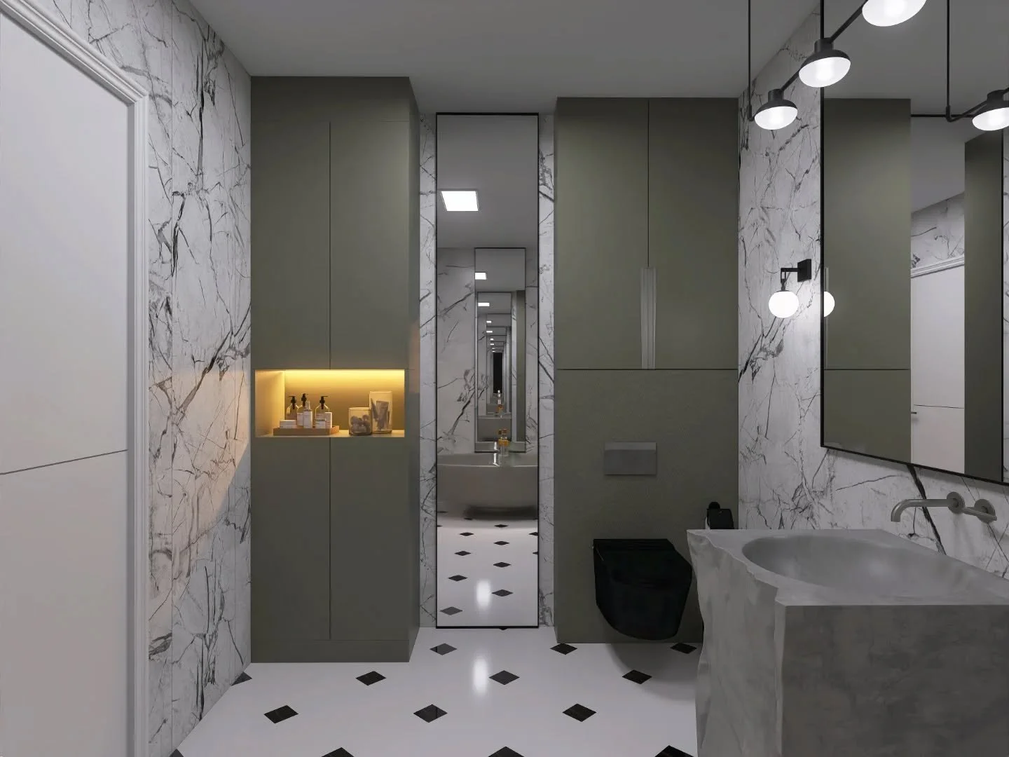 Nowoczesna łazienka w tonacji szaro&ndash;oliwkowej 🖤🫒
Połączenie naturalnego kamienia, matowych front&oacute;w i subtelnego światła LED tworzy wnętrze, kt&oacute;re łączy surowość i elegancję.
Ta przestrzeń to nie tylko funkcjonalność, ale też emo