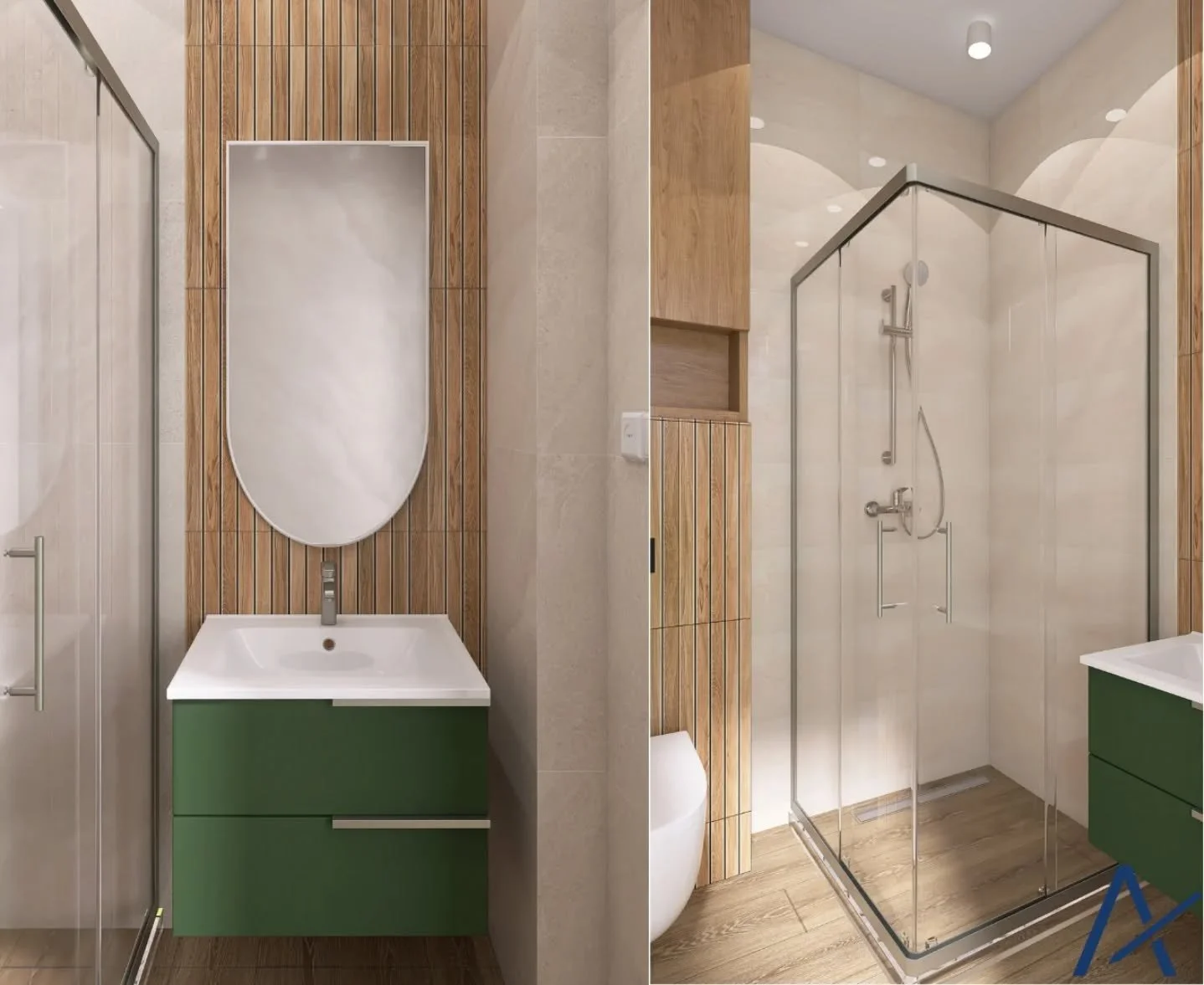 Projekt łazienki w duchu nowoczesnej elegancji 🌿✨
Płytki w stylu lameli wprowadzają rytm i fakturę, a szafka w butelkowej zieleni dodaje wnętrzu charakteru i świeżości. Minimalistyczne rozwiązania spotykają się tu z odrobiną koloru, tworząc przestrz