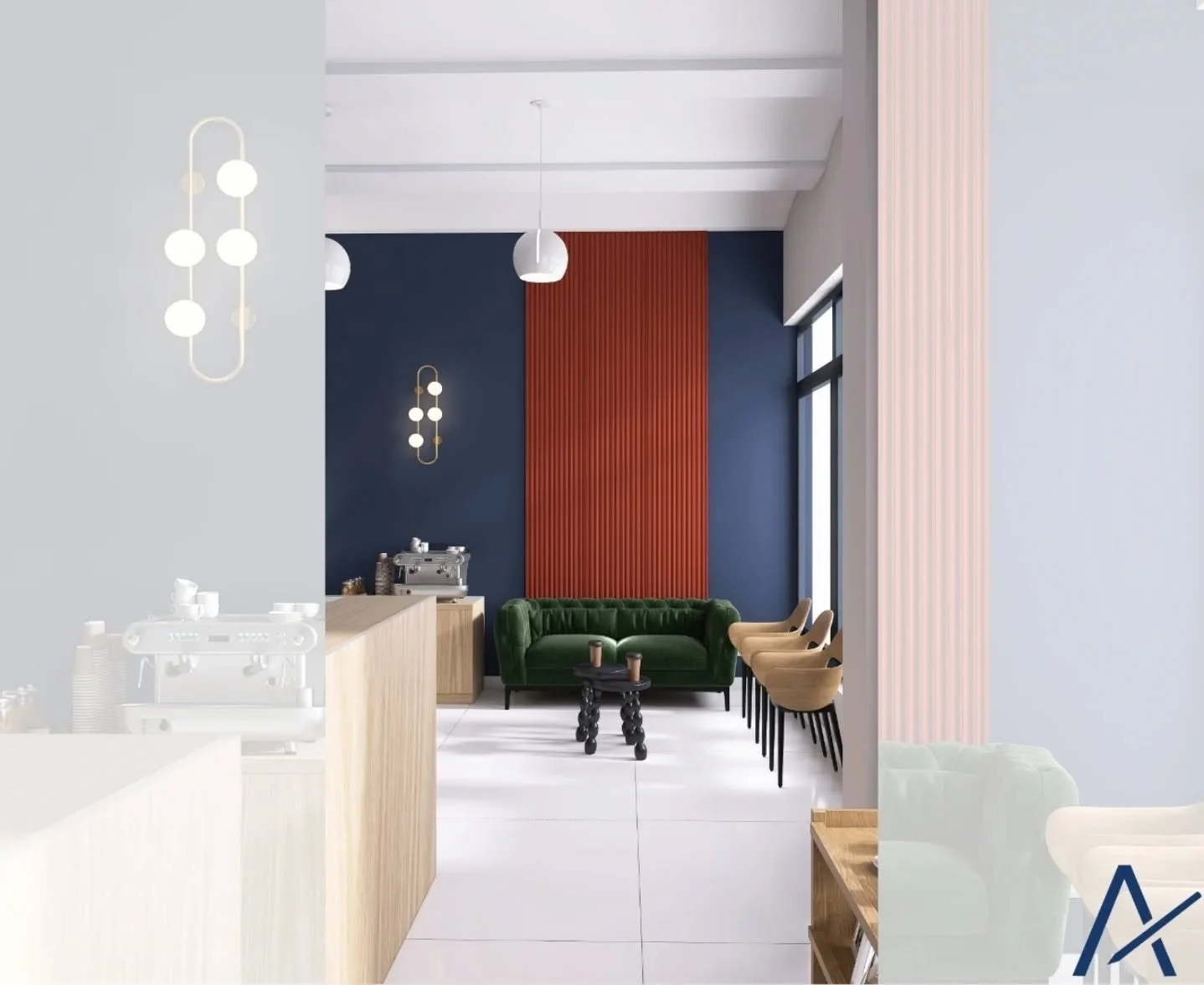 Salon fotograficzny z częścią sprzedażową 📸
Wnętrze inspirowane stylem mid-century modern, z wyraźną grą kolor&oacute;w: granat, zieleń i ciepłe akcenty czerwieni. Drewniane elementy, miękkie formy mebli i geometryczne detale tworzą sp&oacute;jny, b