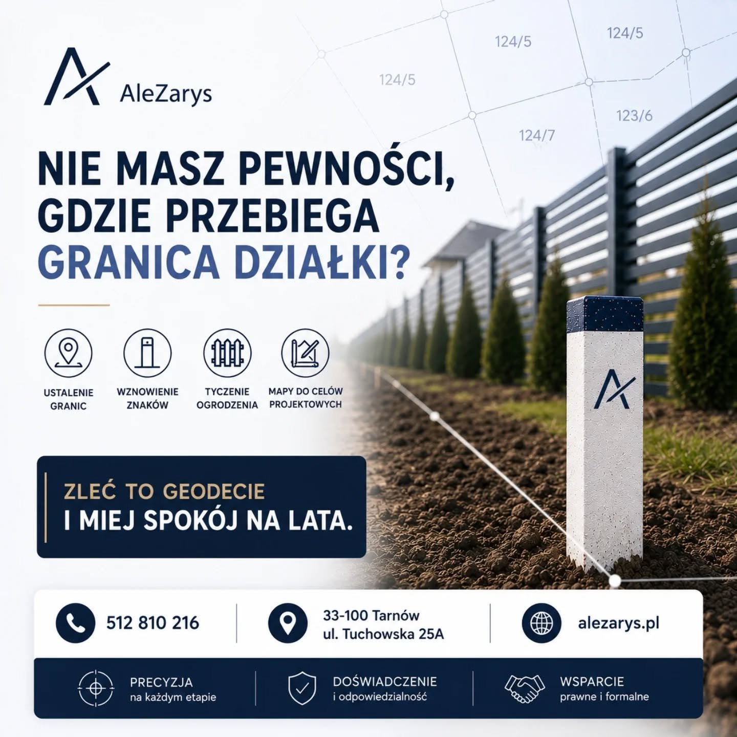 📍 Nie masz pewności, gdzie przebiega granica Twojej działki?

Zanim postawisz ogrodzenie, rozpoczniesz inwestycję lub podejmiesz ważne decyzje dotyczące nieruchomości, warto mieć pewność, gdzie kończy się Twoja działka.

W Ale Zarys pomagamy właścic