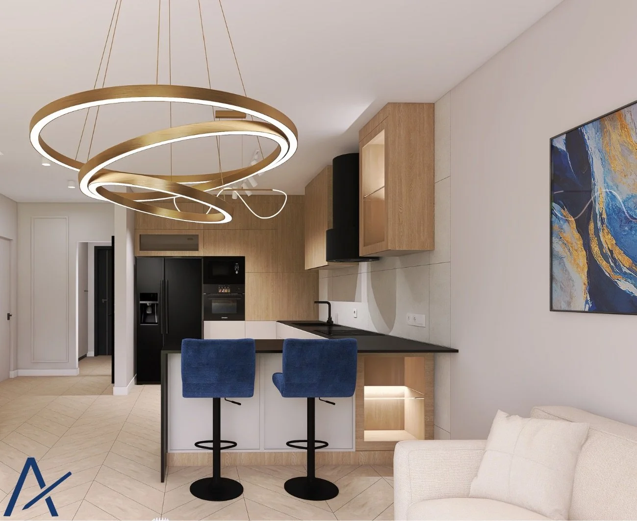 Modern kitchen with black appliances, light wood cabinets, a white sofa, abstract painting, and contemporary ceiling light fixture