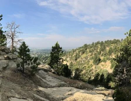 A landscape view from a mountain trail with trees and a valley in the distance on a partly cloudy day.