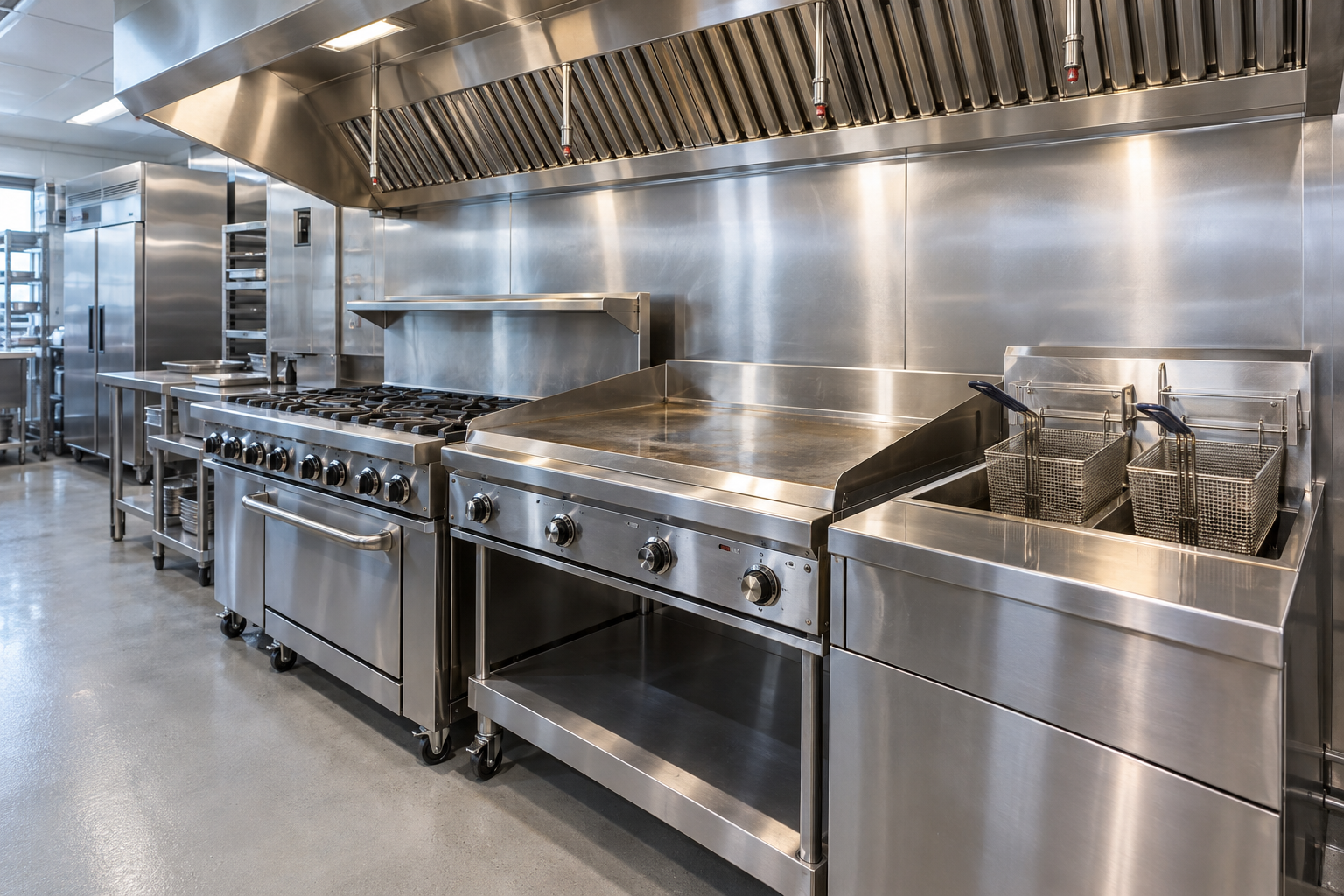 Commercial kitchen line with hood, ranges and fryers cleaned by Kitchen Spark in McKinney TX