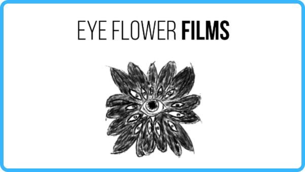 Black and white logo of one of Eye Flower Films' packages logo's with a stylized eye at the center of a flower with their branding.