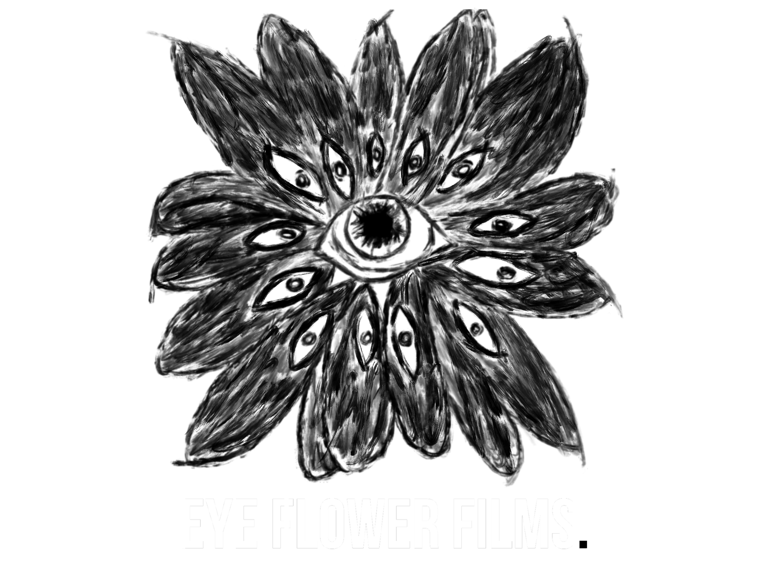 Black and white promotional poster for eye flower films featuring an eye flower logo.