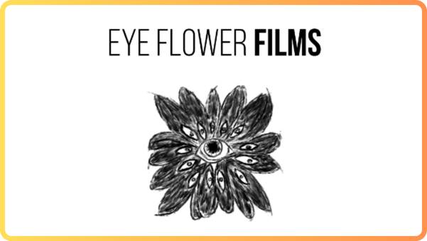 Black and white logo of one of Eye Flower Films' packages logo's with a stylized eye at the center of a flower with their branding.