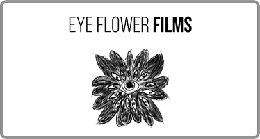 Black and white logo of one of Eye Flower Films' packages logo's with a stylized eye at the center of a flower with their branding.