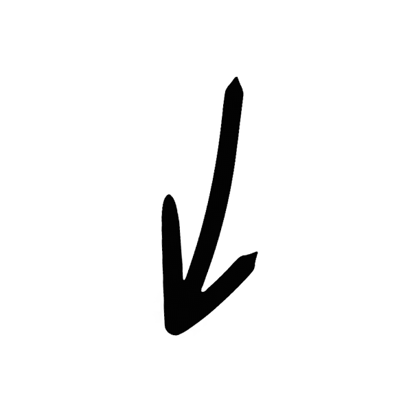 A black arrow pointing downward with a white shadow underneath to help enquiring couples on Eye Flower Films website to find useful information.