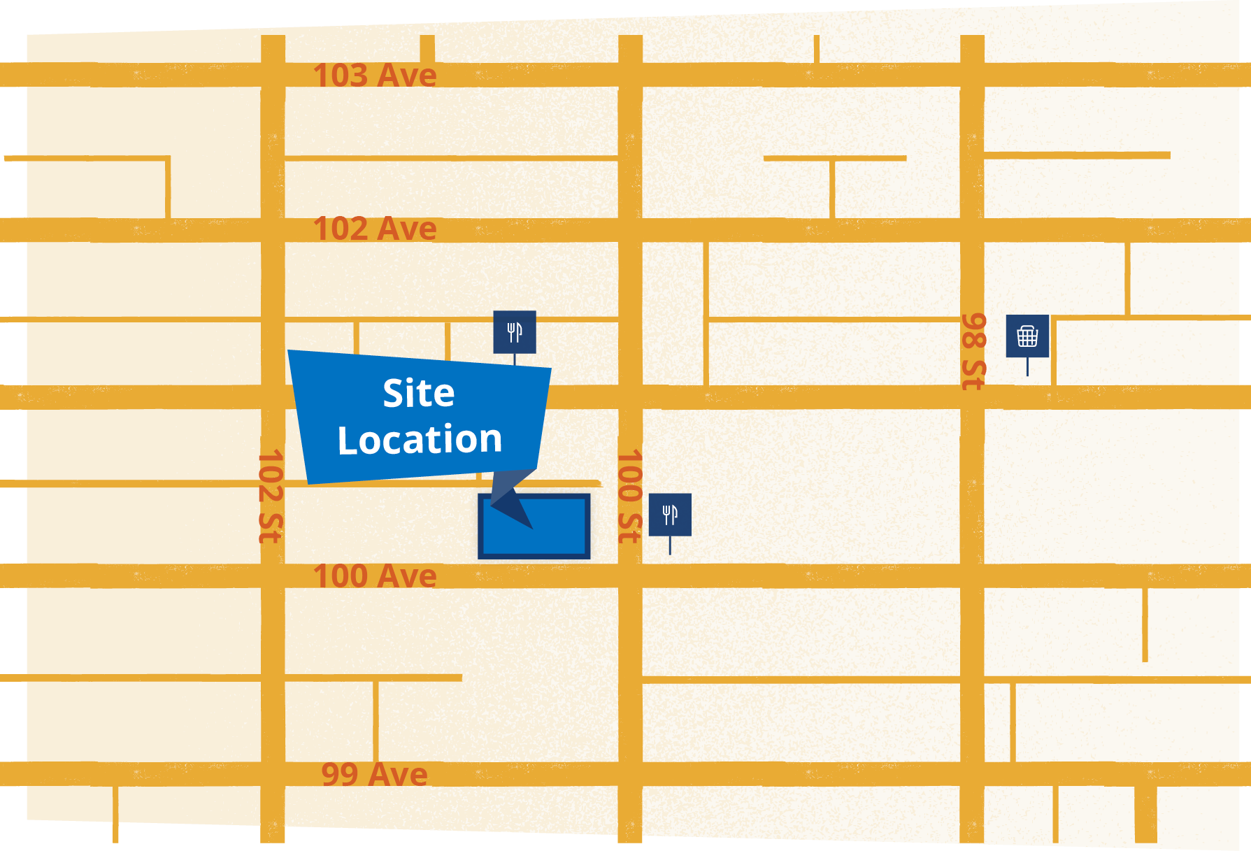 Map showing streets in a grid with streets labeled 99 Ave, 100 Ave, 102 Ave, 103 Ave, and St S, with site location marked on 100 St S between 102 Ave and 103 Ave. Symbols for shopping and dining nearby.