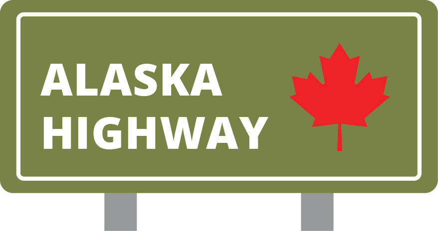 Green highway sign with white text that reads "Alaska Highway" and a red maple leaf on the right side.