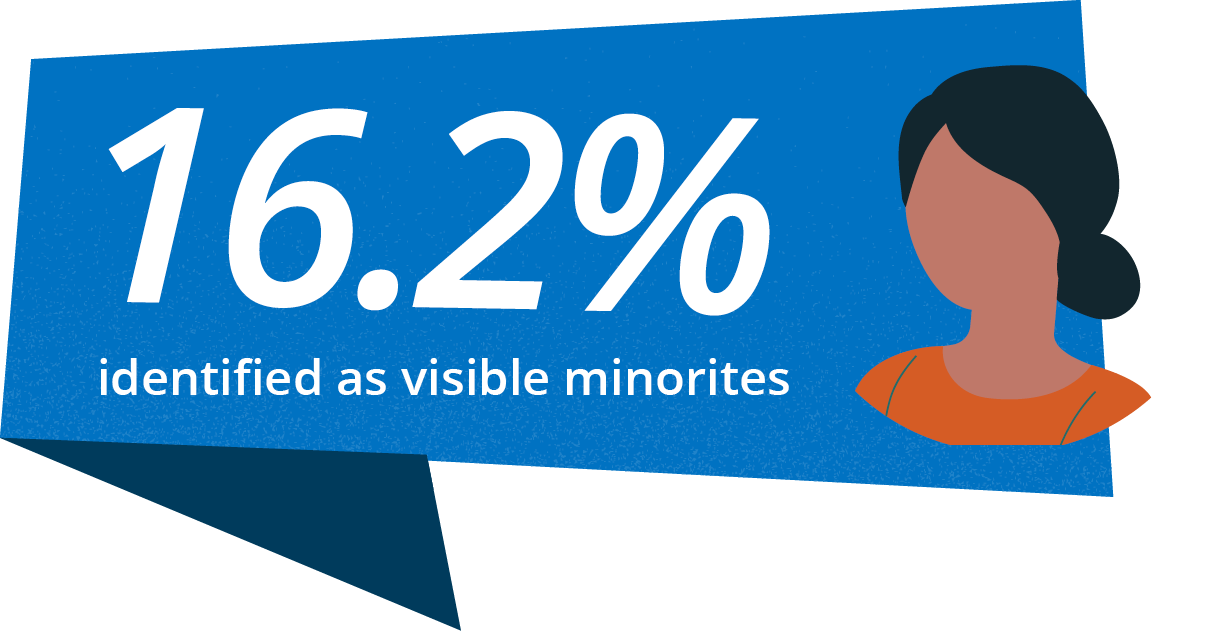 Statistics graphic showing 16.2% of people identified as visible minorities, with an illustration of a woman with dark hair and an orange shirt.