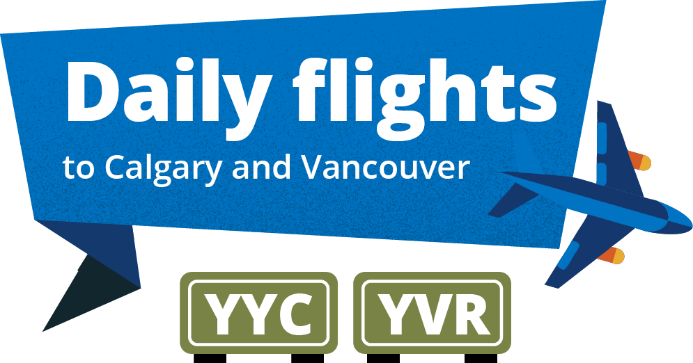 Graphic advertisement for daily flights to Calgary and Vancouver, with a blue airplane illustration.