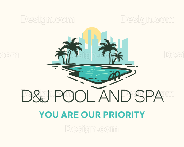 Illustration of a pool with palm trees and a city skyline in the background, with the text 'D&J Pool and Spa, You Are Our Priority'.