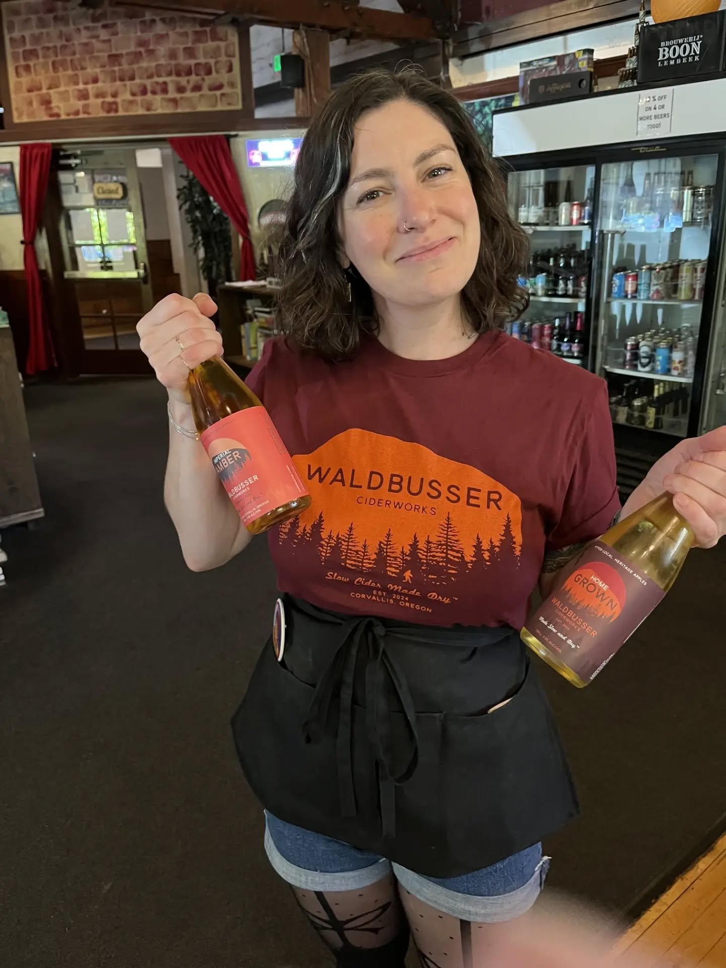 Back #ontap @thebierelibrary with Golden Dry, a true dry, tannin forward hard cider at 7.5ABV. Imperial Amber and Home Grown (Erica sporting our new T-shirt) in the case too. Go support a great local spot with some awesome food by Travis in the kitch