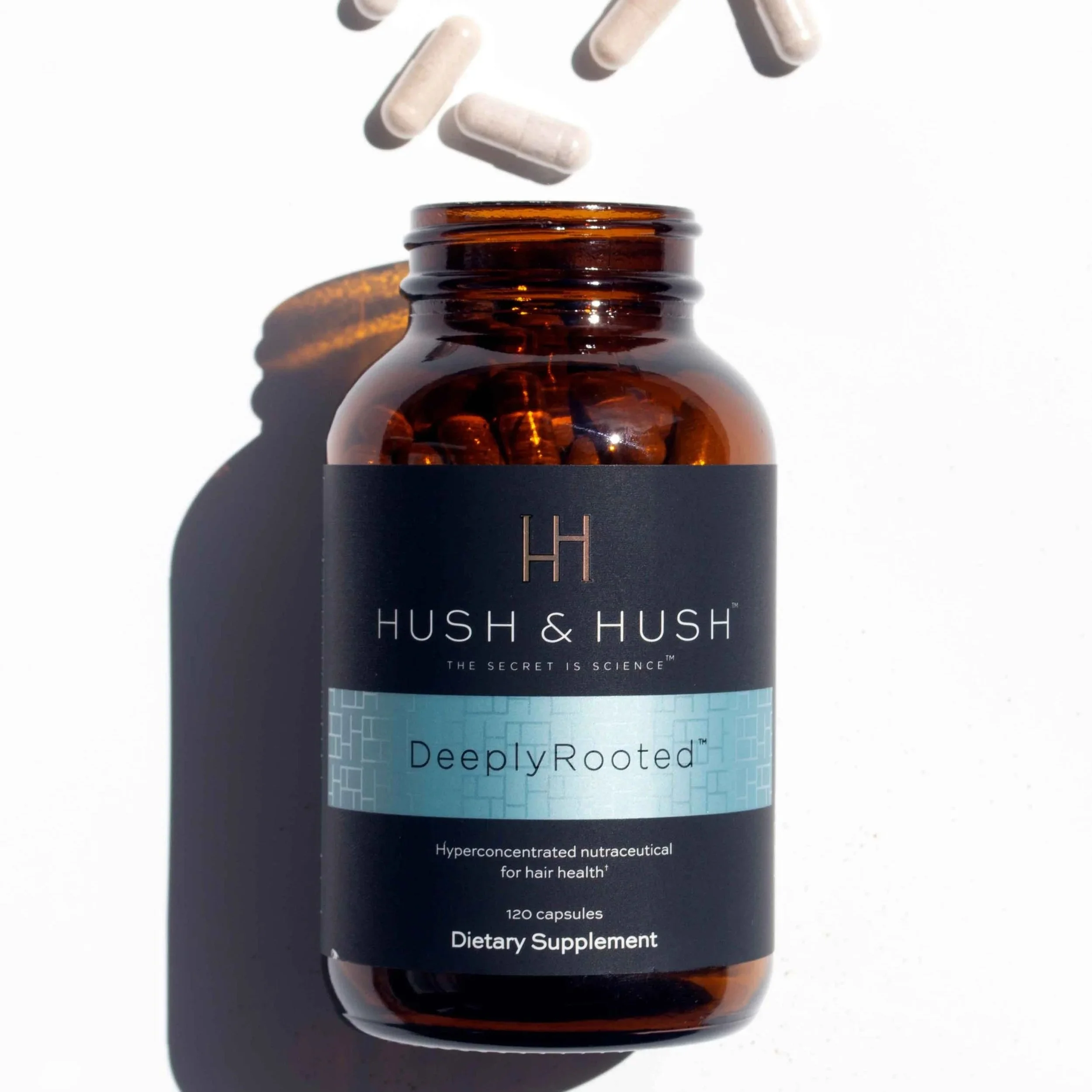 HUSH & HUSH DEEPLY ROOTED - Prevent thinning, dryness, and hair loss. Blend of science-backed vitamins, minerals, botanicals, and patented ingredients. Grow stronger, fuller-looking hair. Take 4 daily.