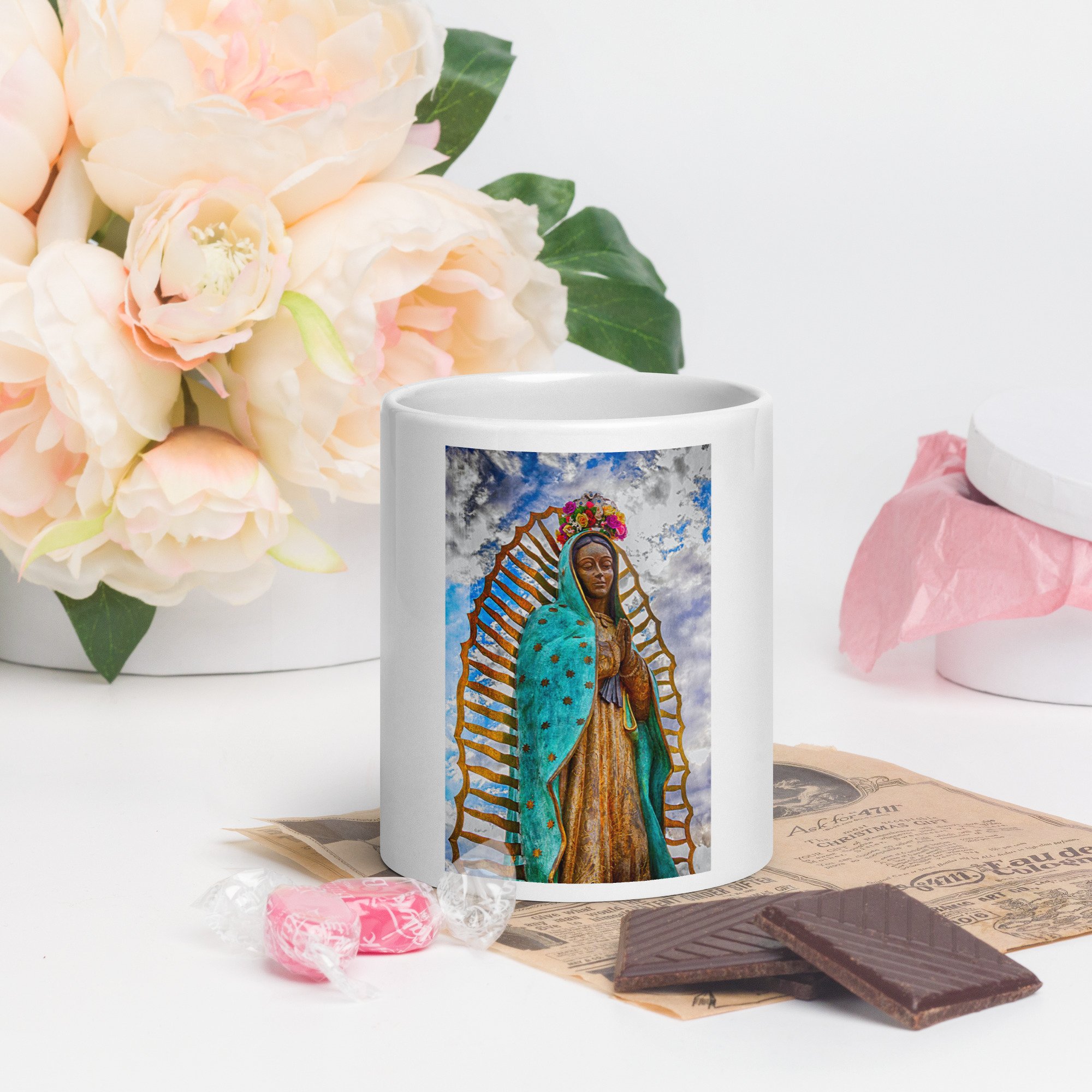 Heavenly Guadalupe white glossy mug