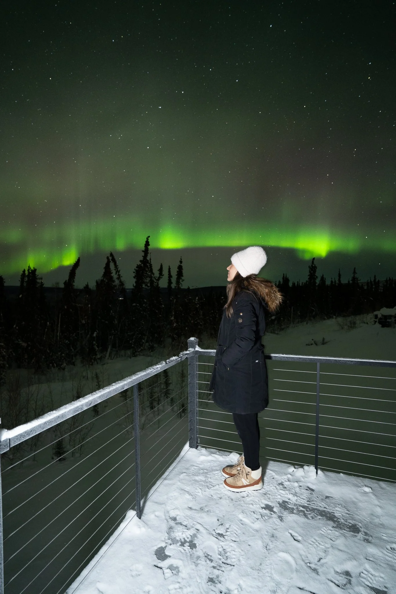 Vibrant green Northern Lights dancing over a snowy Alaskan treeline, representing connection and continuing bonds after loss.