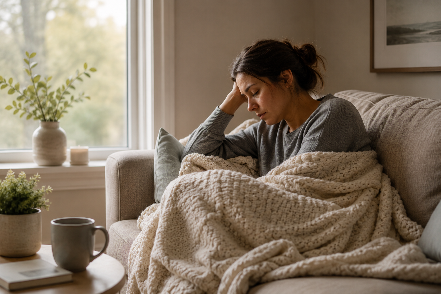 Person resting on a sofa near a window while experiencing physical symptoms of grief