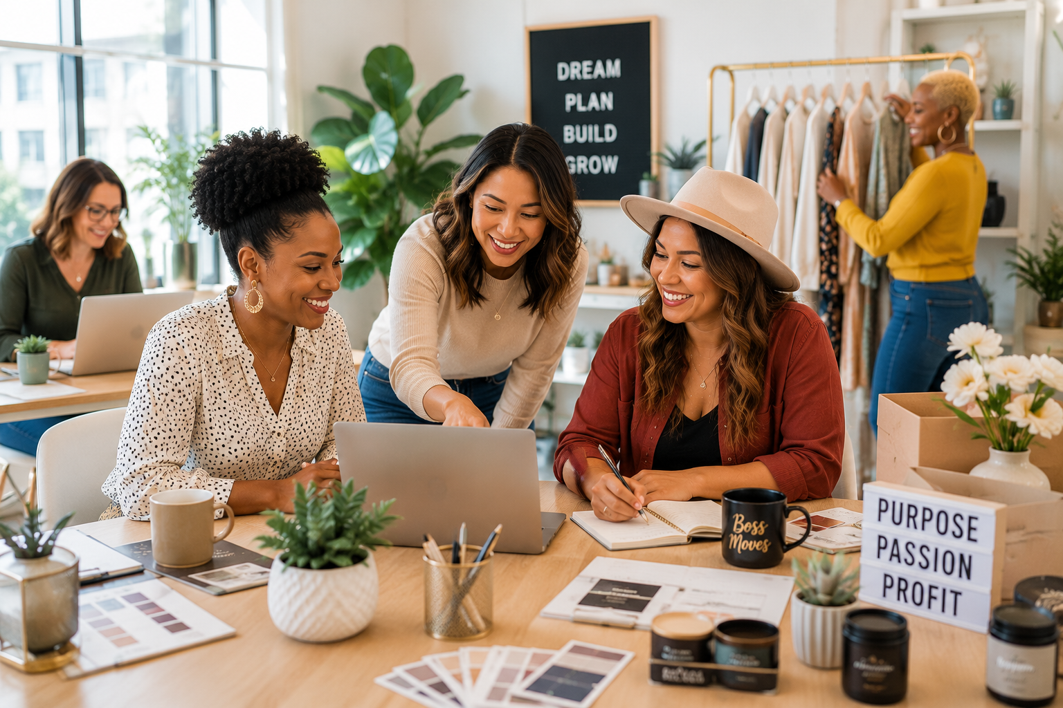 This image features a bright, contemporary entrepreneurial studio with diverse business owners collaborating, planning, and creating products in a welcoming, lifestyle-oriented workspace that feels authentic and aspirational.
