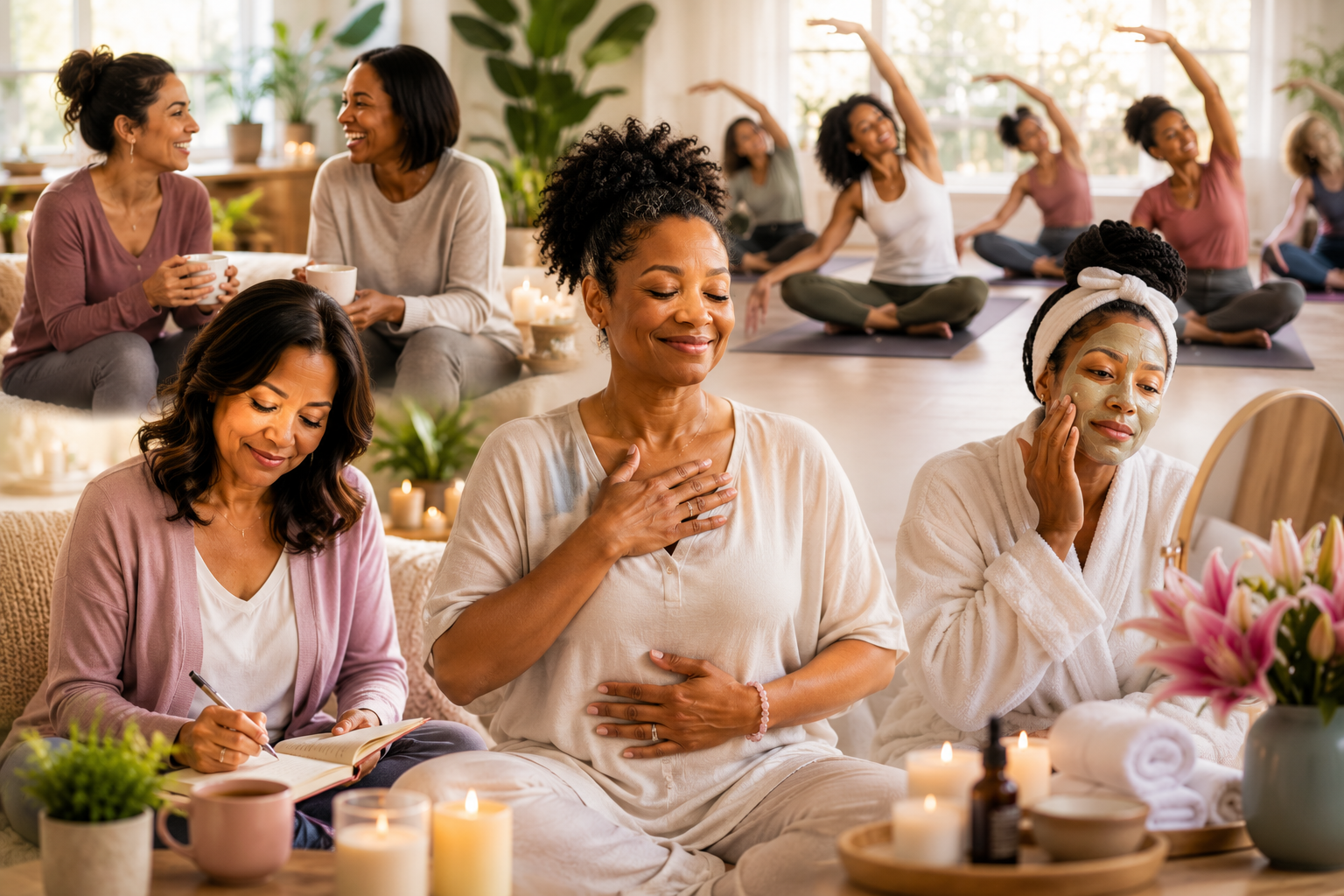 Women participating in self-care and wellness experiences including mindfulness, yoga, journaling, relaxation, and meaningful connection in a welcoming community environment.
