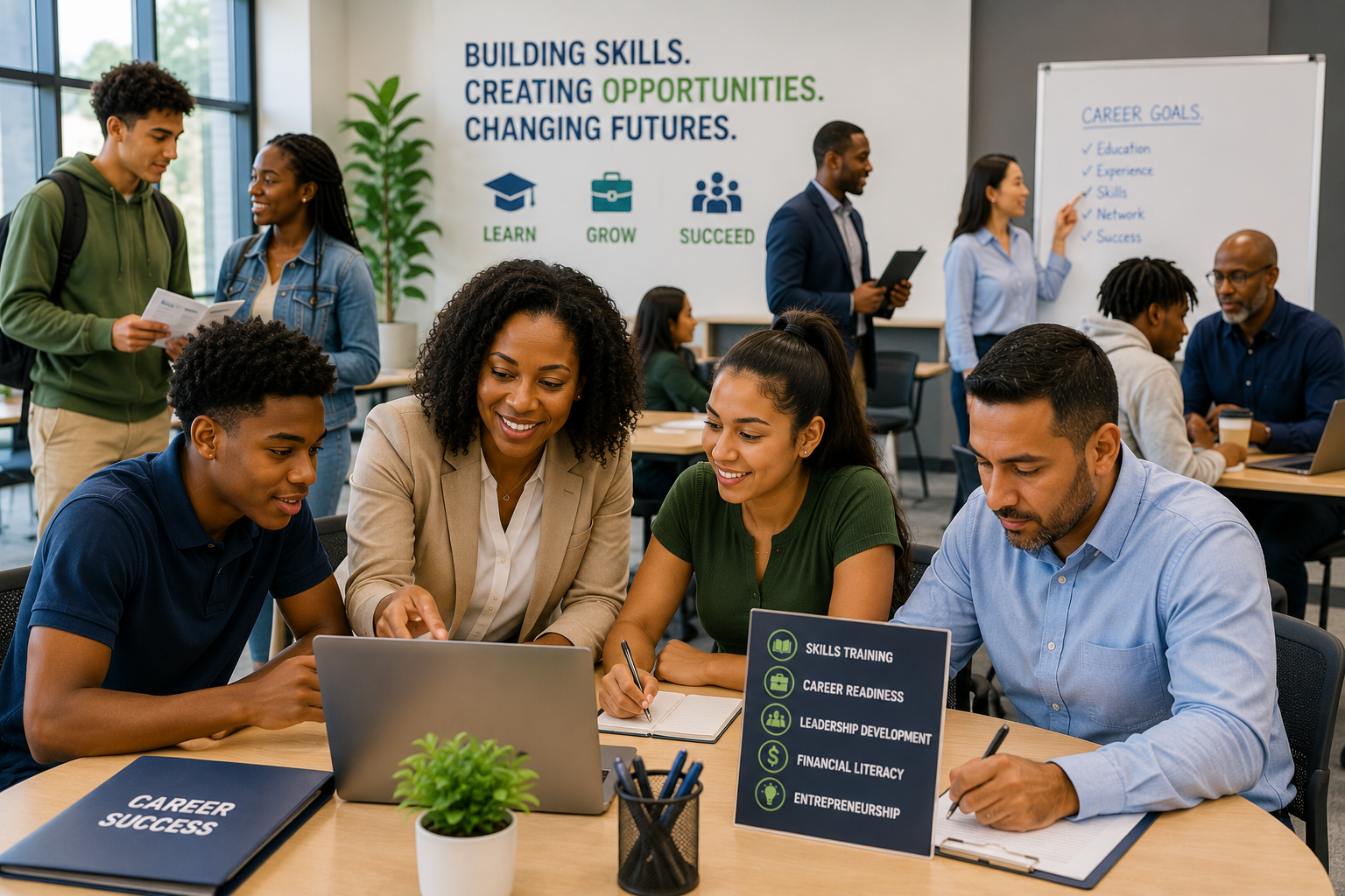 Career coach working with young professionals during a workforce development and career readiness training focused on job skills, professional development, and economic mobility.