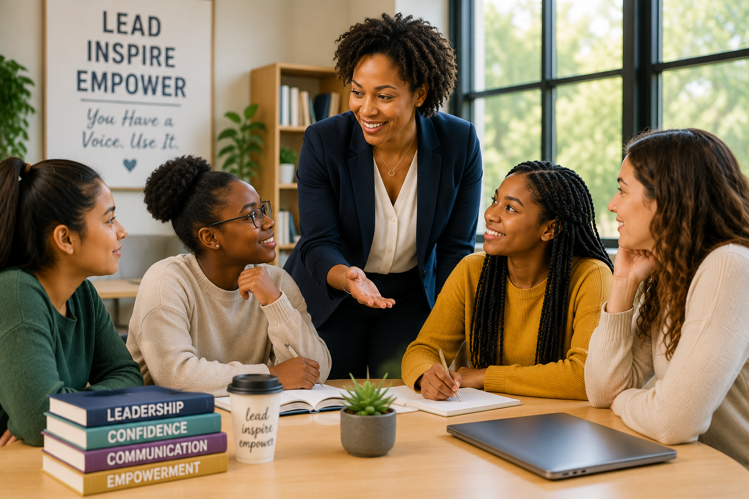 Mentor leading a leadership development session with diverse young women, building confidence, communication skills, and personal growth through education and mentorship.