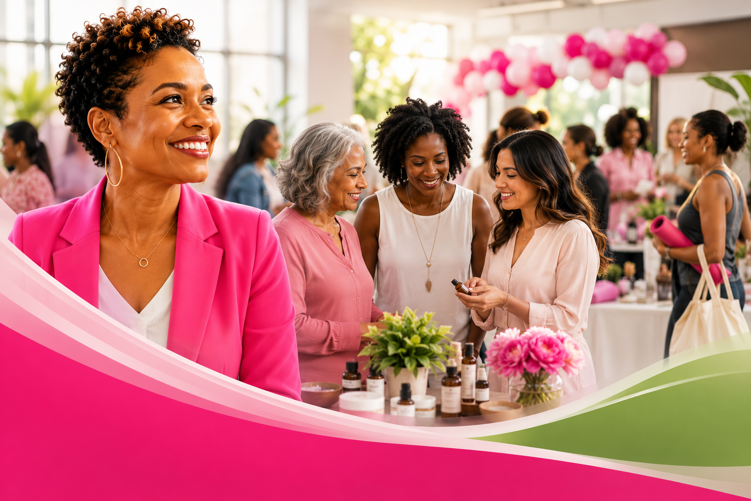 Women connecting with wellness professionals, exploring health and self-care resources, and building community during the Women's Wellness & Self-Care Expo hosted by Flourish & Thrive Collective.