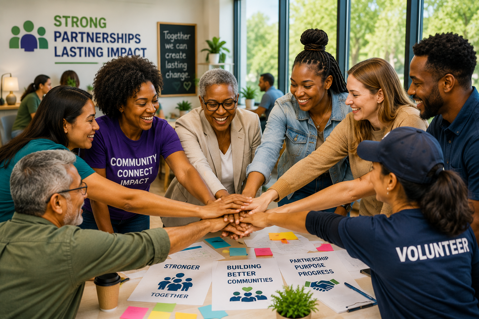 Diverse community leaders, volunteers, and partners collaborating during a community partnership meeting to strengthen neighborhoods through education, wellness, and economic opportunity.