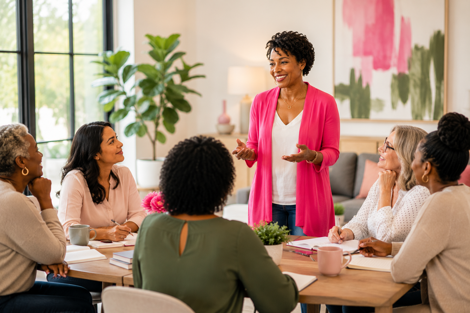A diverse group of women participating in a midlife education workshop focused on healthy aging, menopause education, financial wellness, career transitions, personal growth, and lifelong learning.