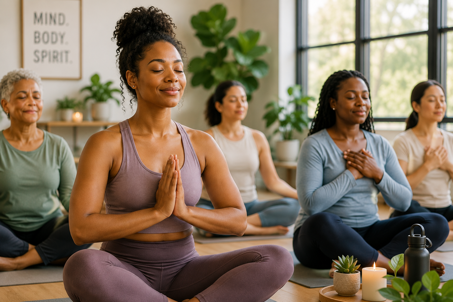 Diverse women participating in a mindfulness and wellness class focused on mental health, self-care, stress reduction, and holistic well-being at Flourish & Thrive Collective.