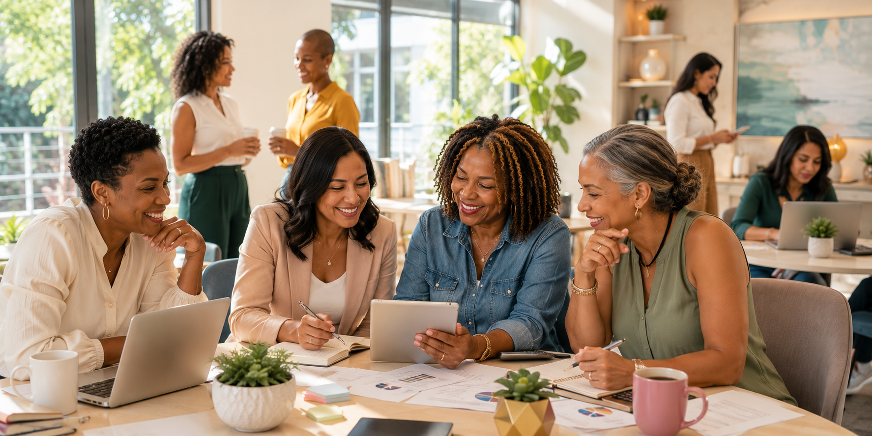 The image has been recreated as a single, bright, modern lifestyle scene with no text overlays, showing diverse adults collaborating on business planning, financial strategy, and career growth in a welcoming, contemporary workspace.