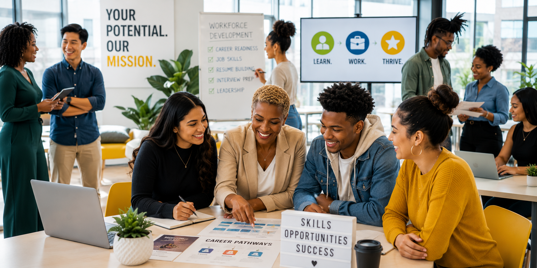 Diverse young adults and professionals collaborating in a bright, modern workforce development training space, using laptops and career planning materials while building job readiness, leadership, and professional skill