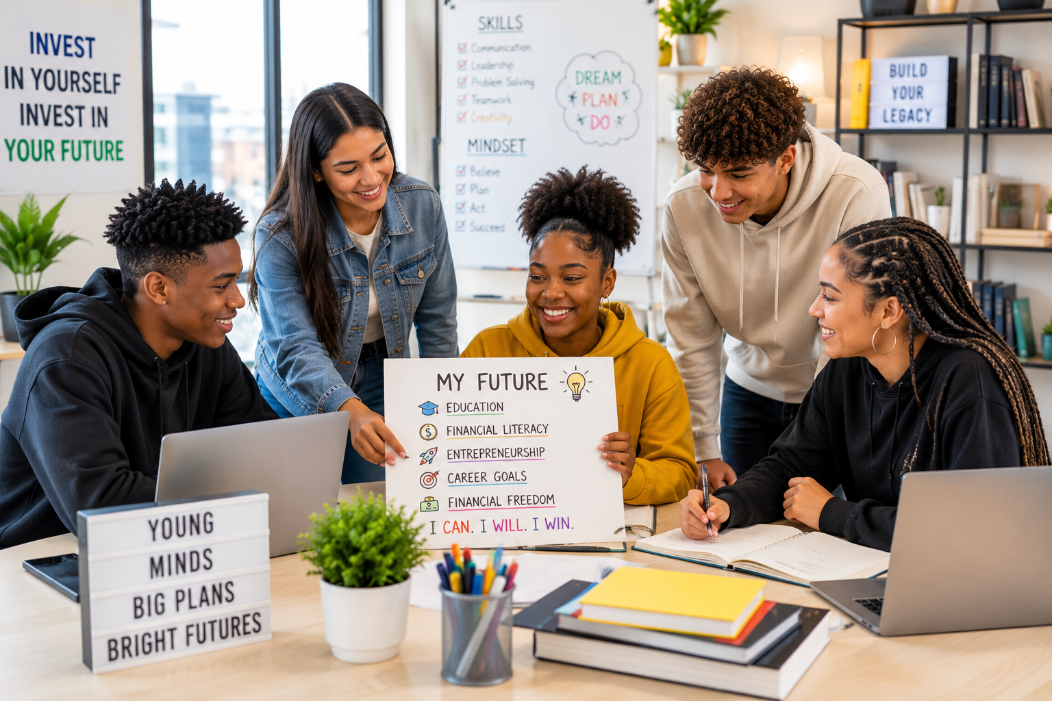 The image captures diverse youth collaborating in a bright, contemporary learning space focused on financial literacy, entrepreneurship, career planning, and future opportunities with an energetic, optimistic feel.