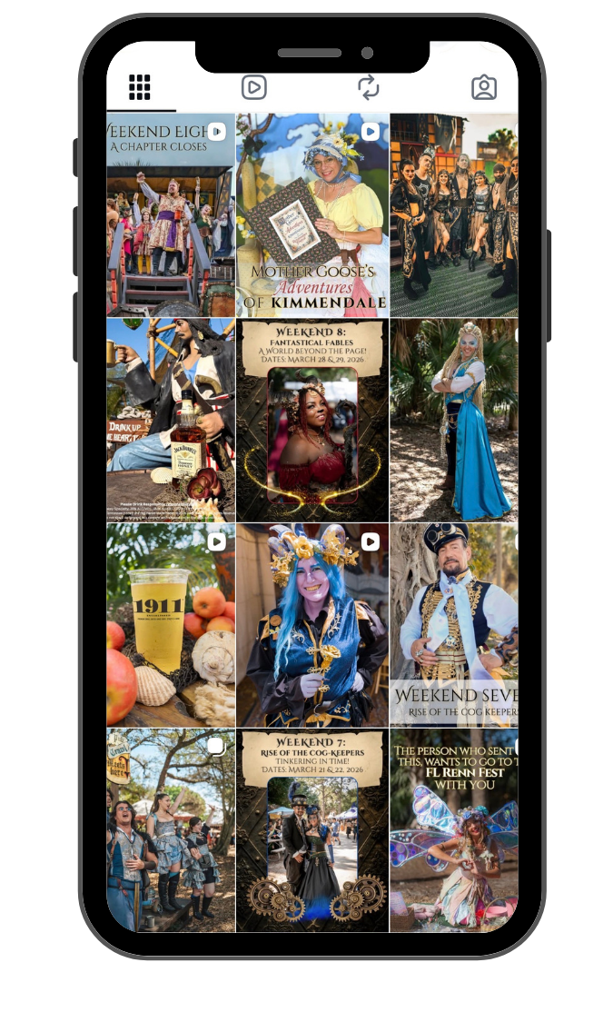 Social media content created for the Florida Renaissance Festival, shown as an Instagram feed of event photos and promos