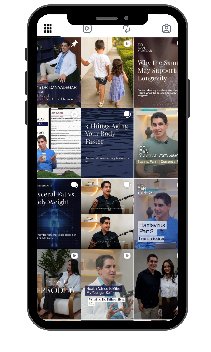 Social media content created for a longevity and wellness physician, shown as a curated Instagram feed of educational Reels