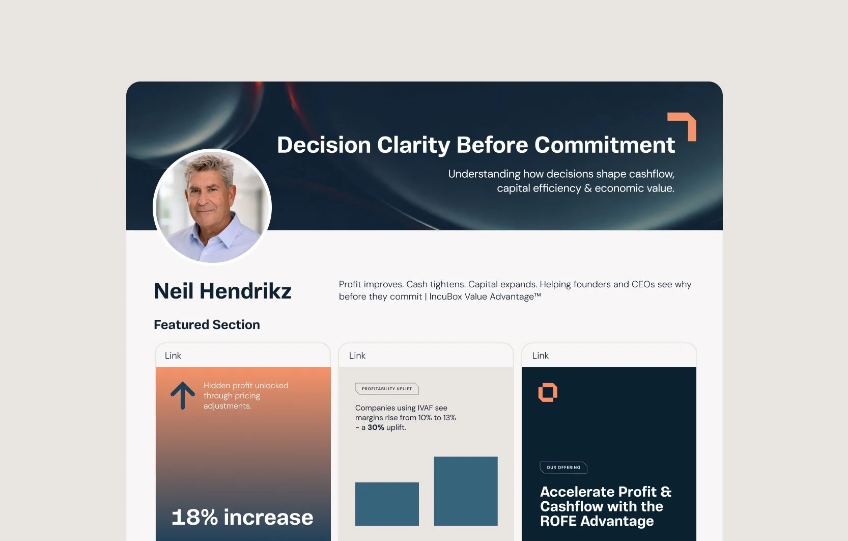 A digital professional profile featuring a headshot of Neil Hendrikz, a title "Decision Clarity Before Commitment," and segments about financial decision-making, profit increase, and strategic value for founders and CEOs.