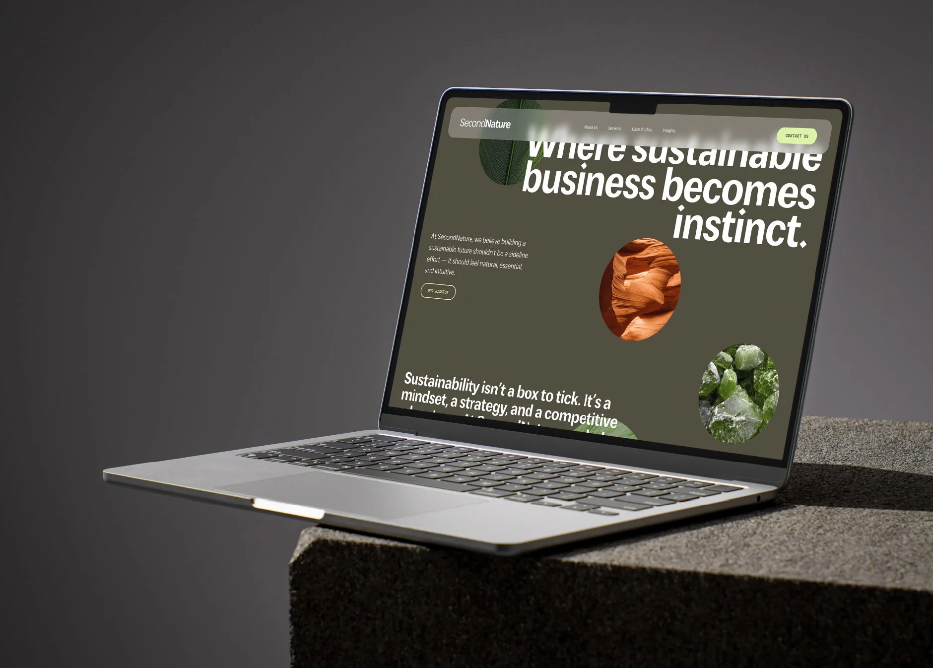 A silver laptop on a concrete block displaying a website about sustainability consulting, with large bold white text and circular images of natural textures and greenery.