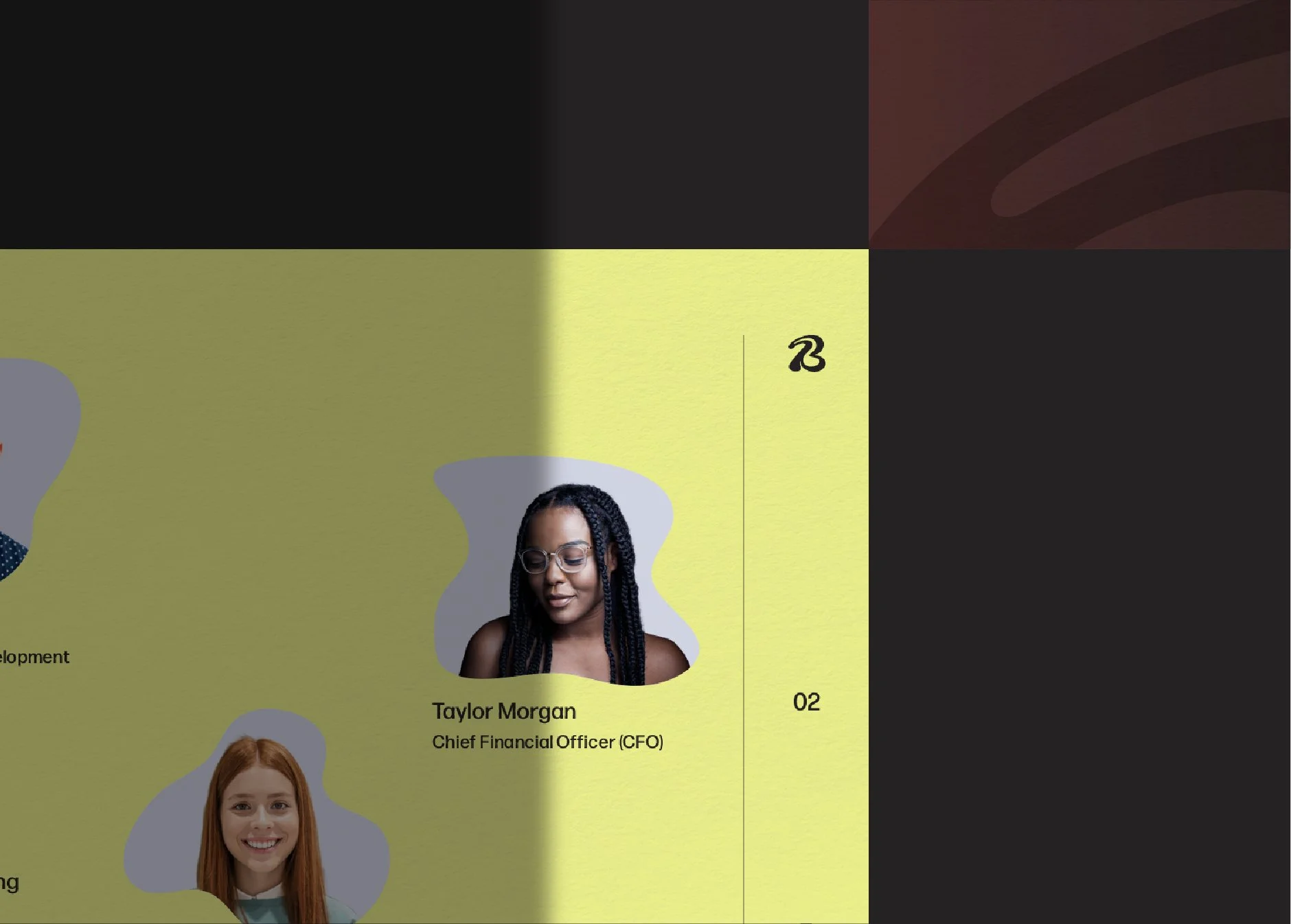 A professional pitch deck page featuring headshots of women with their names and titles on a yellow background with black and dark red accents.