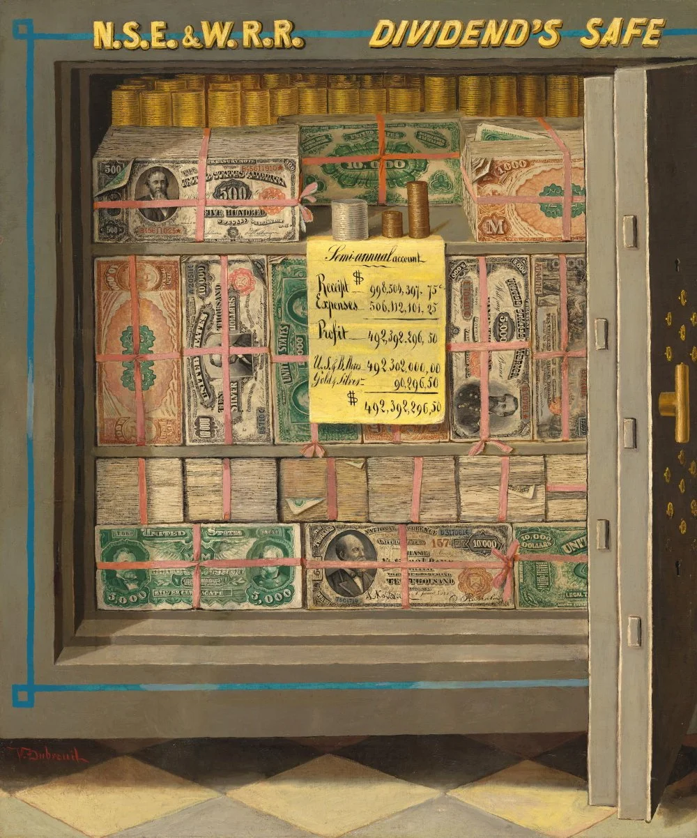 A detailed illustration of a safe filled with bundles of dollar bills, coins, and a note listing financial figures. The safe's top is labeled 'N.S.E. & W.R.R.' and 'Dividend's Safe'.